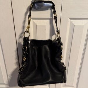 Vintage Coach Black Leather Hobo Bag with Gold Accents